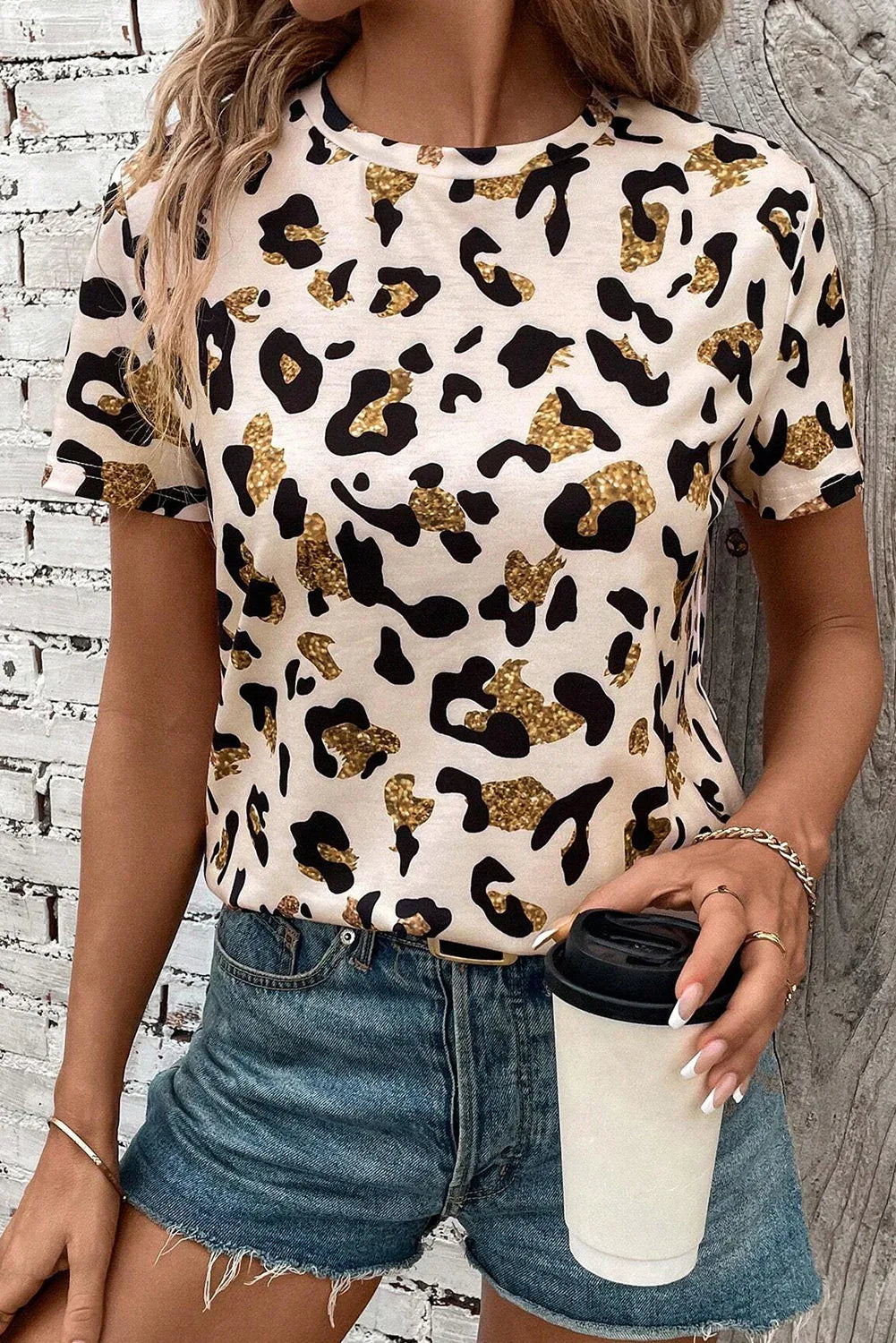 Apricot Leopard Print Round Neck Casual T Shirt - Windgat