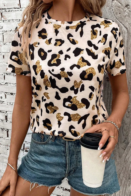 Apricot Leopard Print Round Neck Casual T Shirt - Windgat