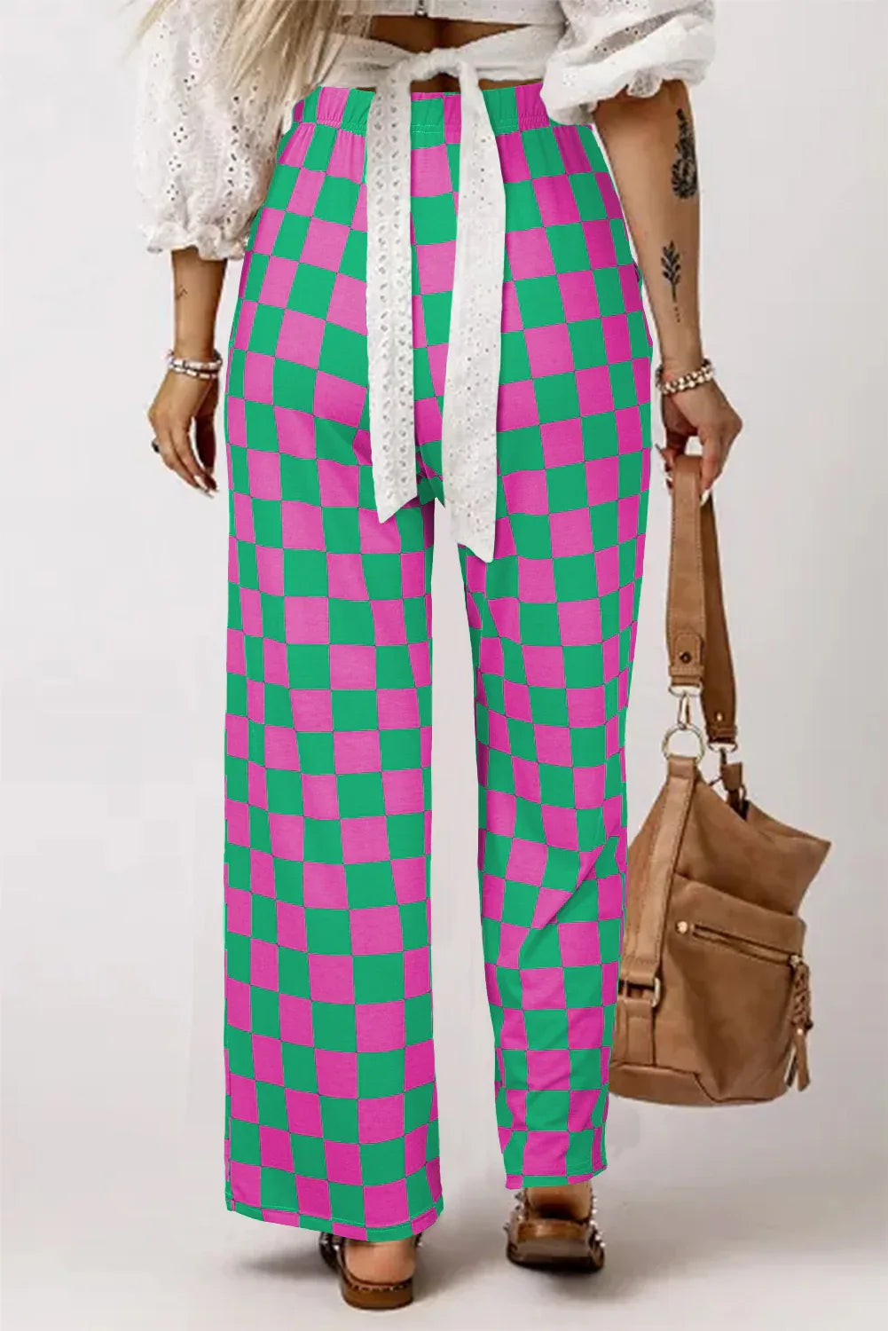Green 2-Tone Checked Print High Waist Wide Leg Pants - Windgat