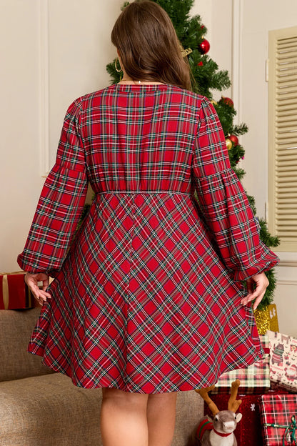 Red Plus Size Plaid Half Button Long Sleeve Holiday Dress - Windgat