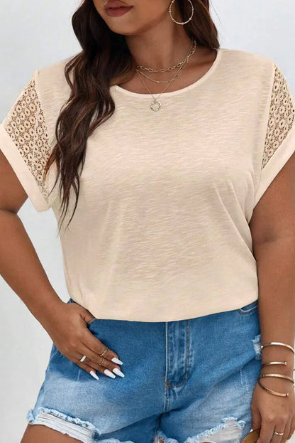 Parchment Lace Patchwork Short Sleeve Round Neck Plus Size Summer Top - Windgat