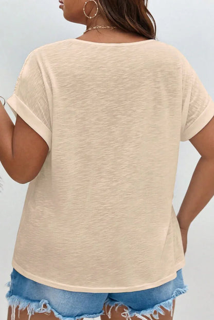 Parchment Lace Patchwork Short Sleeve Round Neck Plus Size Summer Top - Windgat