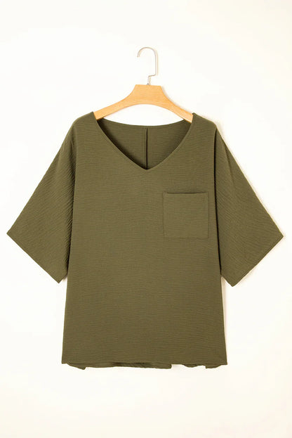 Four Leaf Clover Textured Half Sleeve V Neck Plus Size T Shirt with Chest Pocket - Windgat