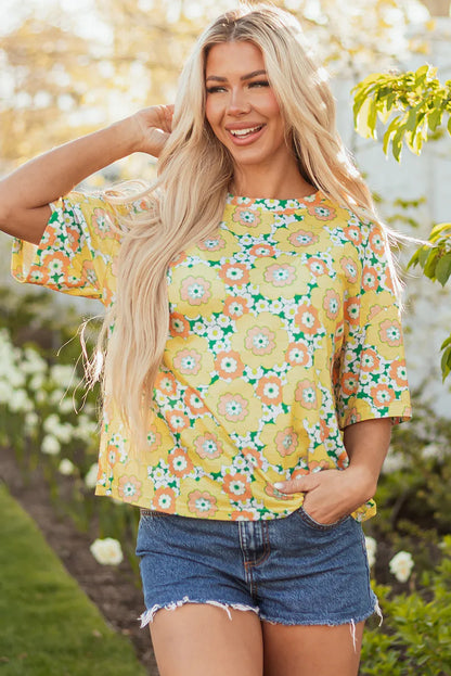 Yellow Summer Flower Printed Drop Shoulder Loose T Shirt - Windgat