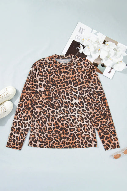 Brown Plus Size Mock Neck Leopard Mesh Top - Windgat