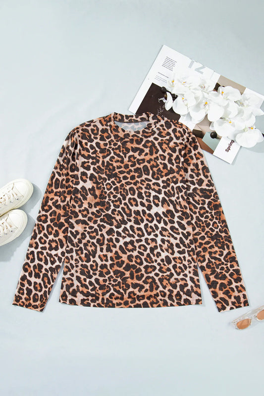 Brown Plus Size Mock Neck Leopard Mesh Top - Windgat