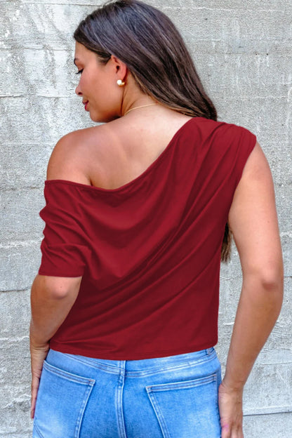 Gossamer Pink Plus Size Solid Color Asymmetric Neck Short Sleeve Blouse - Windgat