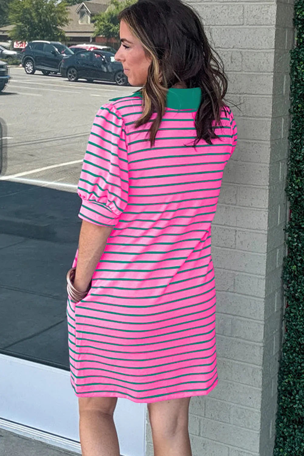 Rose Stripe Collared V Neck Puff Sleeve Shift T Shirt Dress with Pockets - Windgat
