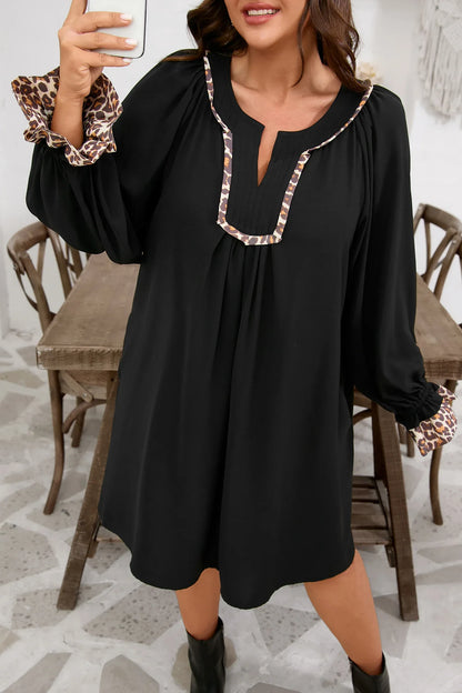 Black Plus Size Notched Neck Leopard Trim Flounce Long Sleeve Shift Dress - Windgat