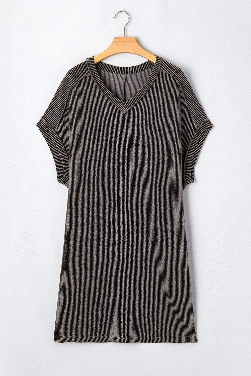 Carbon Grey Corded V Neck Plus Size T Shirt Dress with Pockets - Windgat