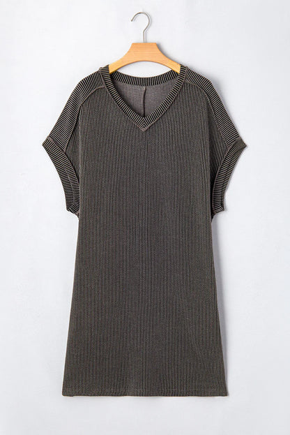 Carbon Grey Corded V Neck Plus Size T Shirt Dress with Pockets - Windgat