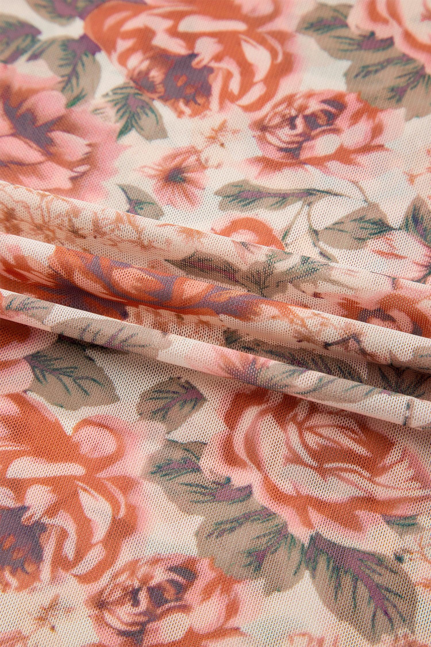 Pink Plus Size Floral Mock Neck Long Sleeve Slim Top - Windgat