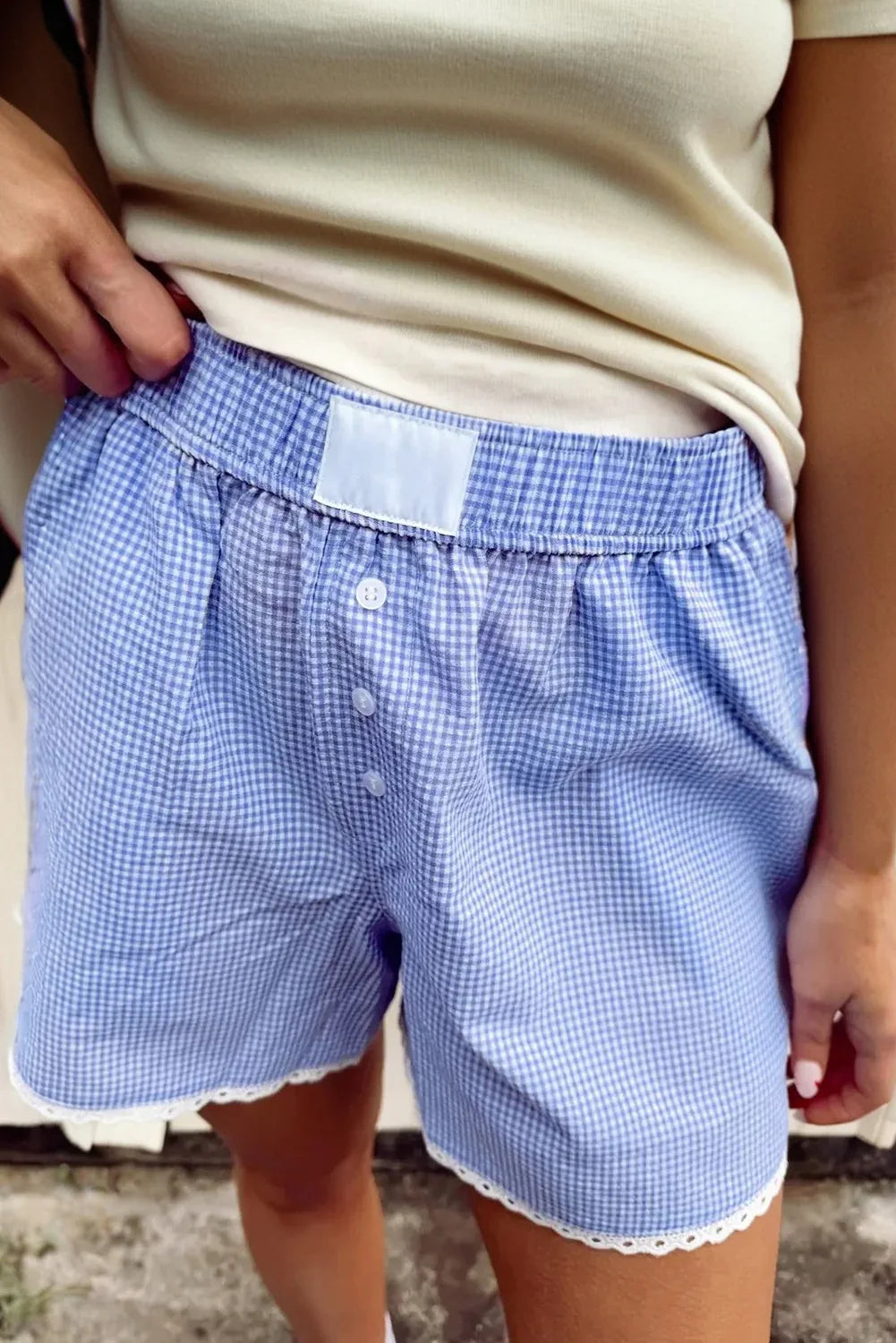 Sky Blue Gingham Plaid Button Detail Lace Trim Boxer Shorts - Windgat