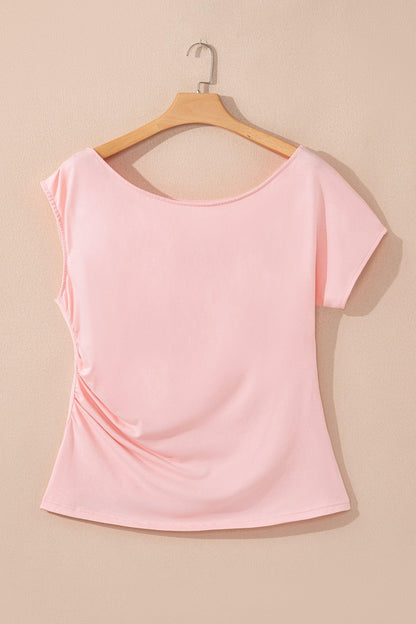 Gossamer Pink Plus Size Solid Color Asymmetric Neck Short Sleeve Blouse - Windgat