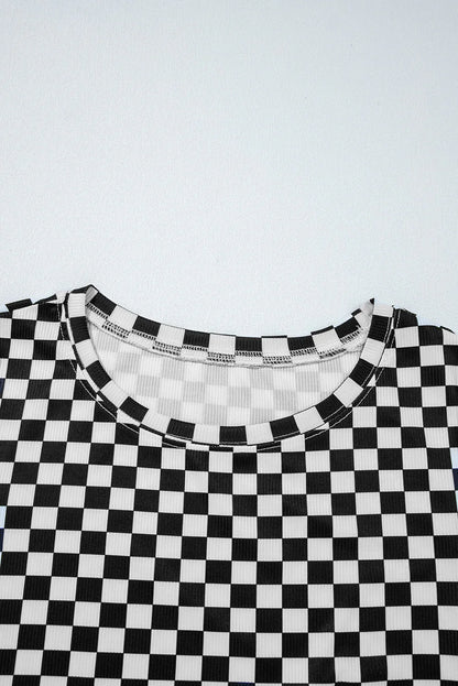 Black Checkered Ribbed Slim Fit Crew Neck T Shirt - Windgat