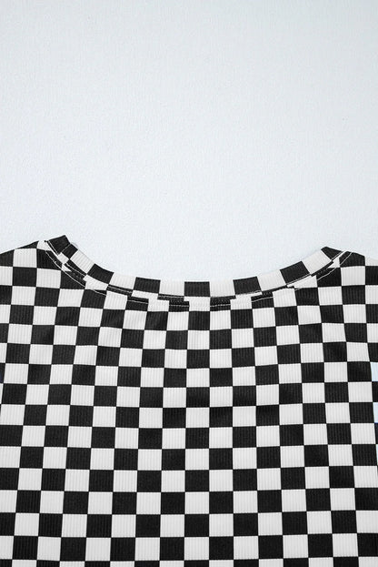 Black Checkered Ribbed Slim Fit Crew Neck T Shirt - Windgat