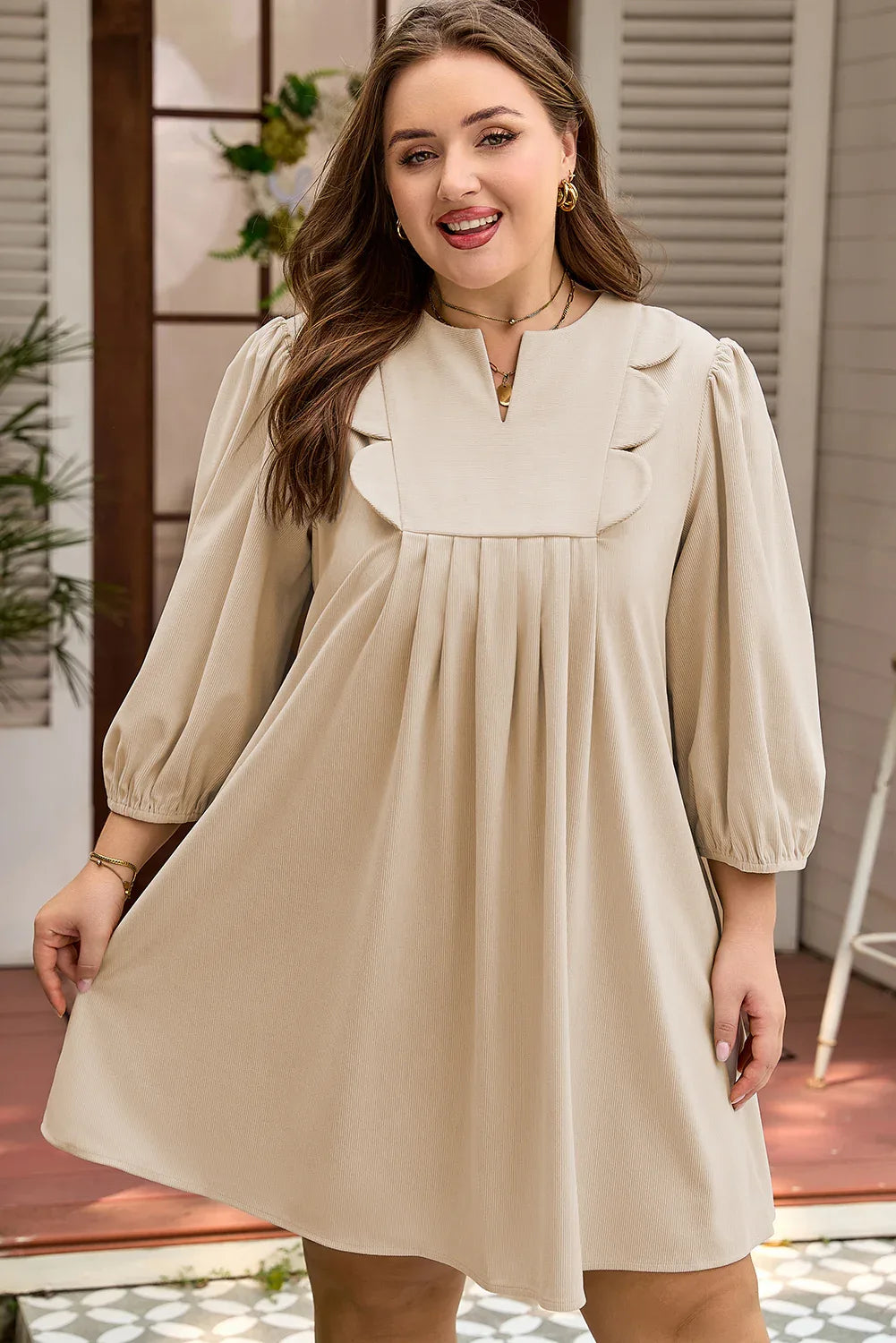 Parchment Notched Neck Scallop Detail Plus Size Mini Dress - Windgat