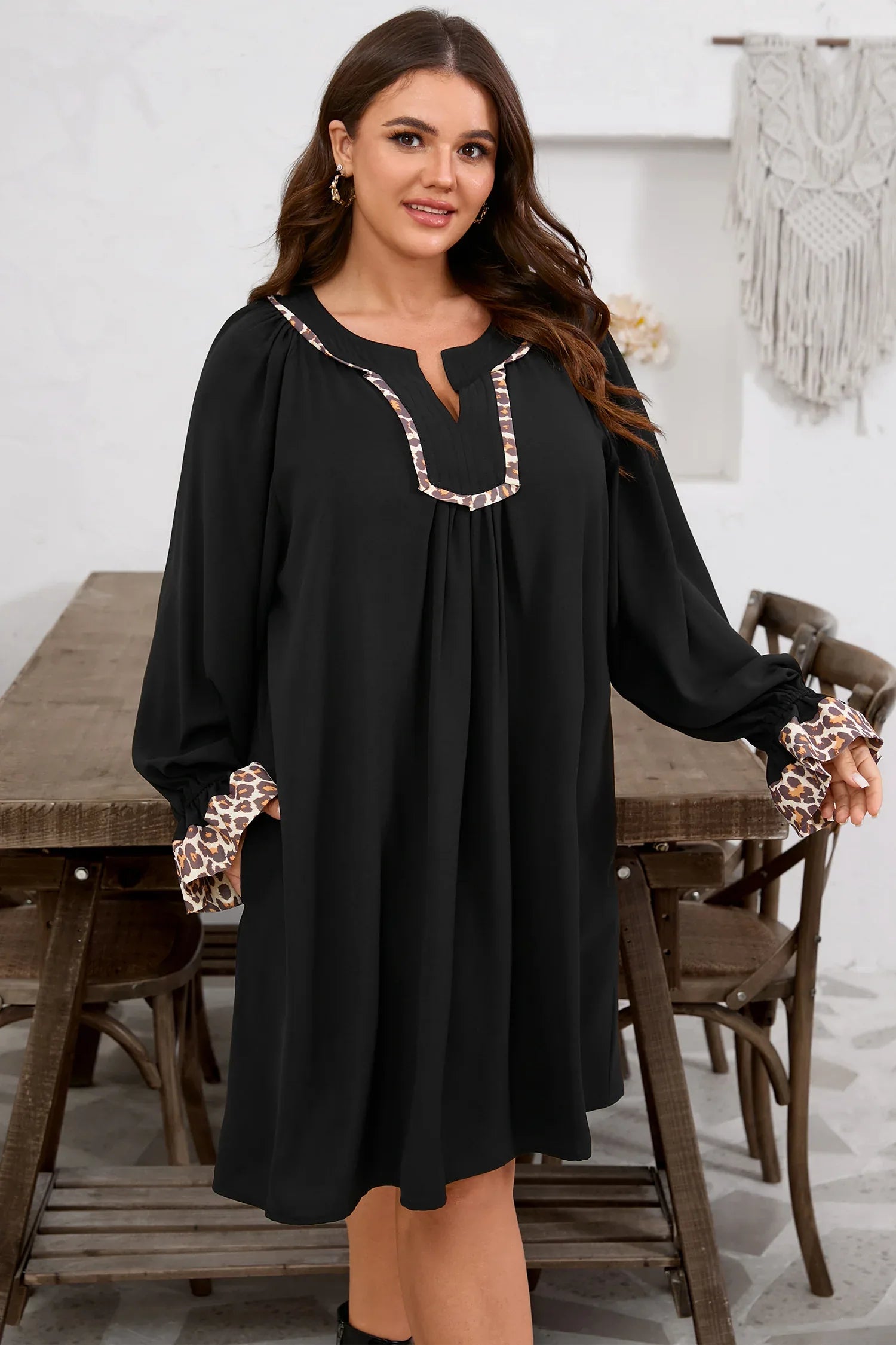 Black Plus Size Notched Neck Leopard Trim Flounce Long Sleeve Shift Dress - Windgat