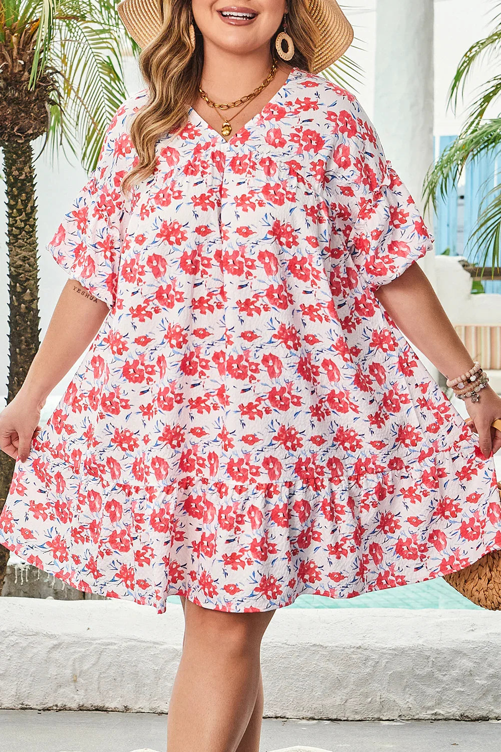 Red Floral Ruffled Half Sleeve V Neck Plus Size Dress - Windgat