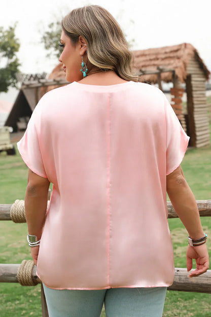 Pink Metallic Gloss Short Batwing Sleeve Plus Size Top - Windgat