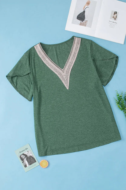Blackish Green Plus Size Embroidery V Neck Draped Sleeve Blouse - Windgat