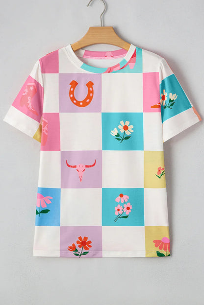 Sky Blue Western Fashion Checker Print Crewneck T Shirt - Windgat