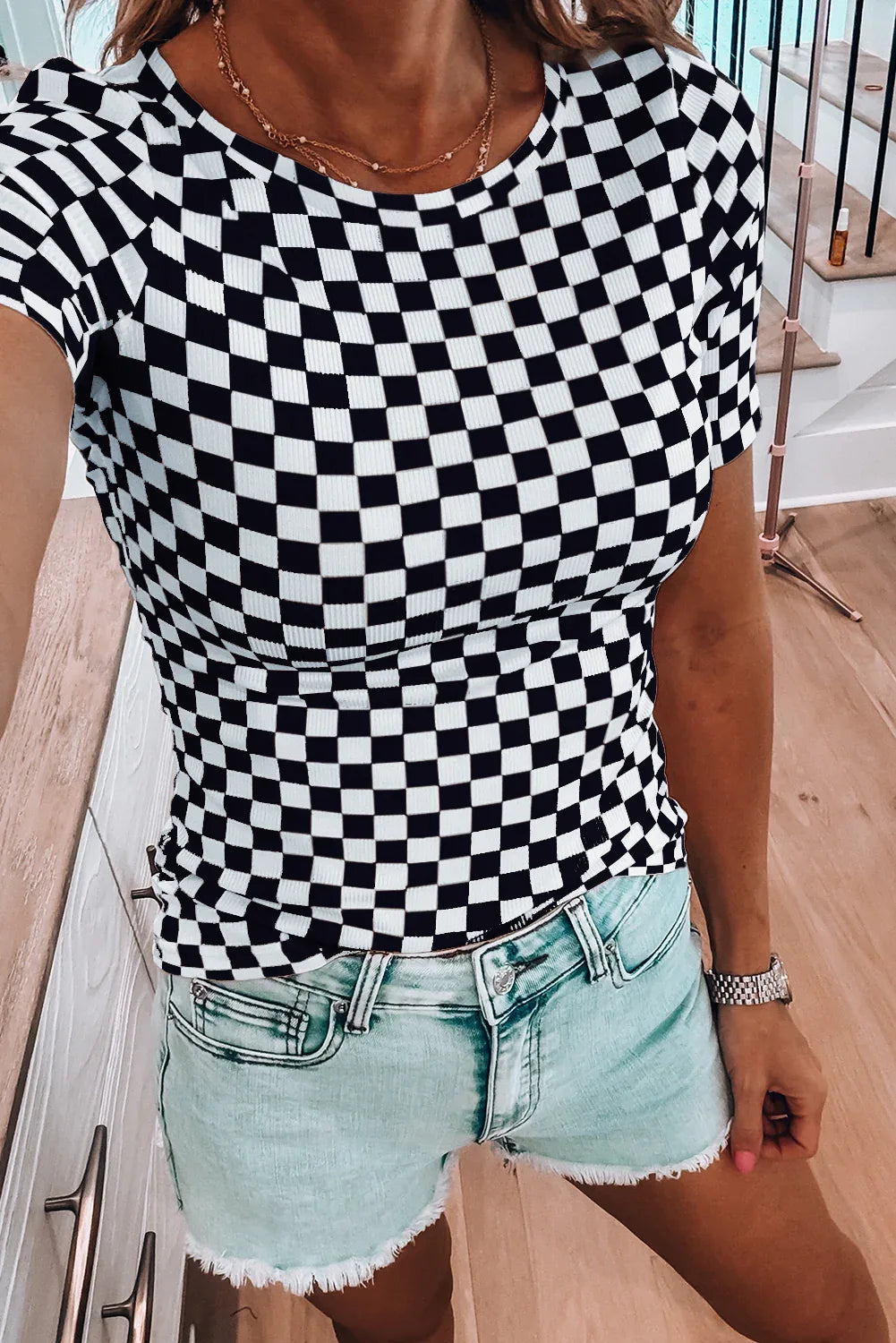 Black Checkered Ribbed Slim Fit Crew Neck T Shirt - Windgat