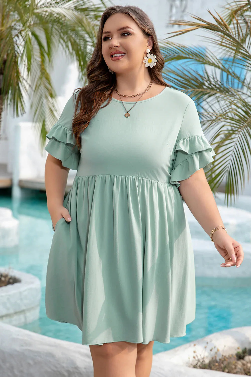 Grass Green Ruffle Trim Short Sleeve Plus Size Flared Mini Dress - Windgat