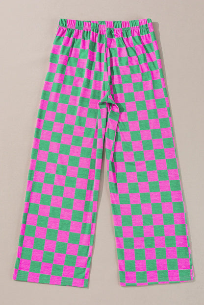 Green 2-Tone Checked Print High Waist Wide Leg Pants - Windgat