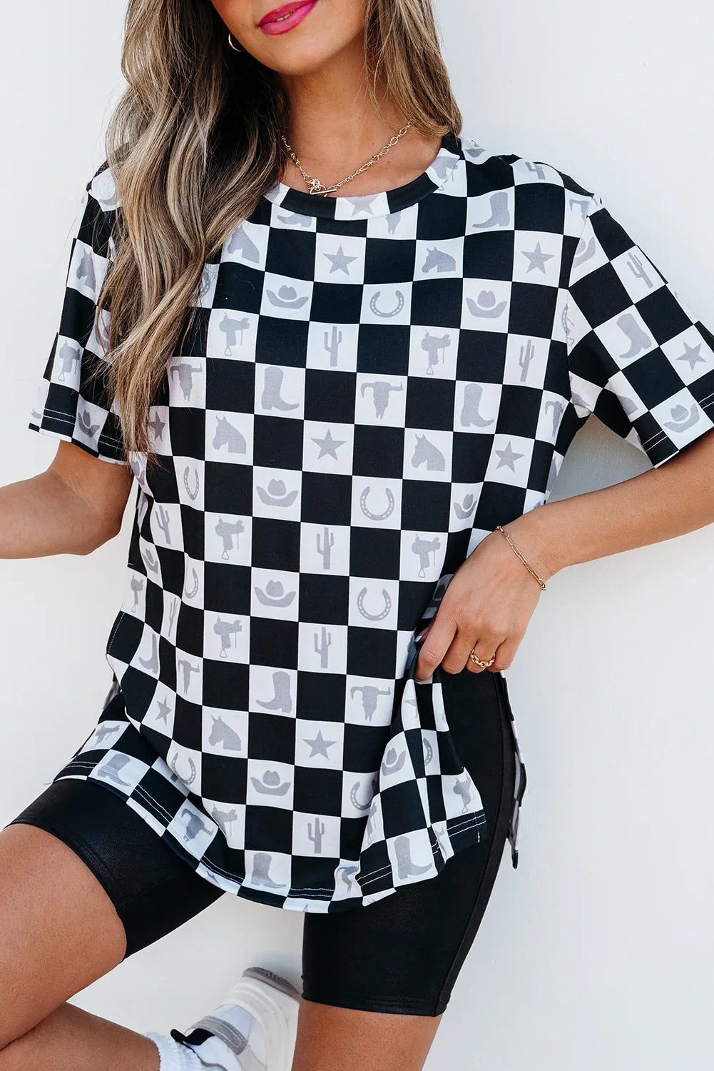 Black Western Fashion Checkerboard Print Side Split T Shirt - Windgat