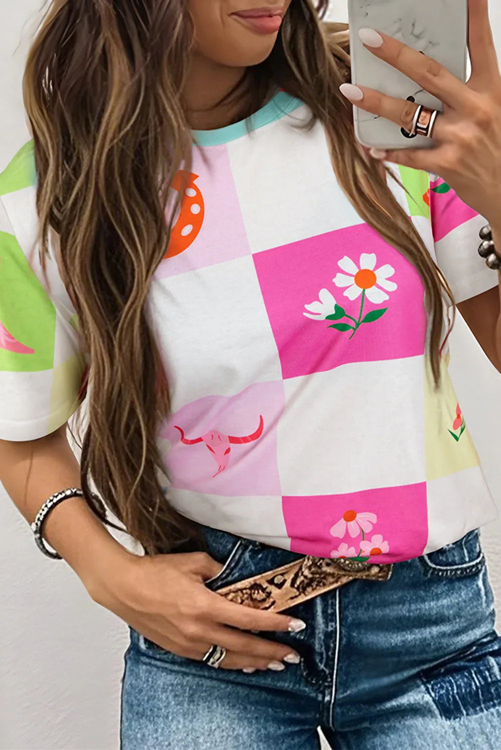 Sky Blue Western Fashion Checker Print Crewneck T Shirt - Windgat