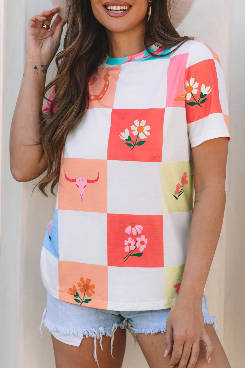 Sky Blue Western Fashion Checker Print Crewneck T Shirt - Windgat