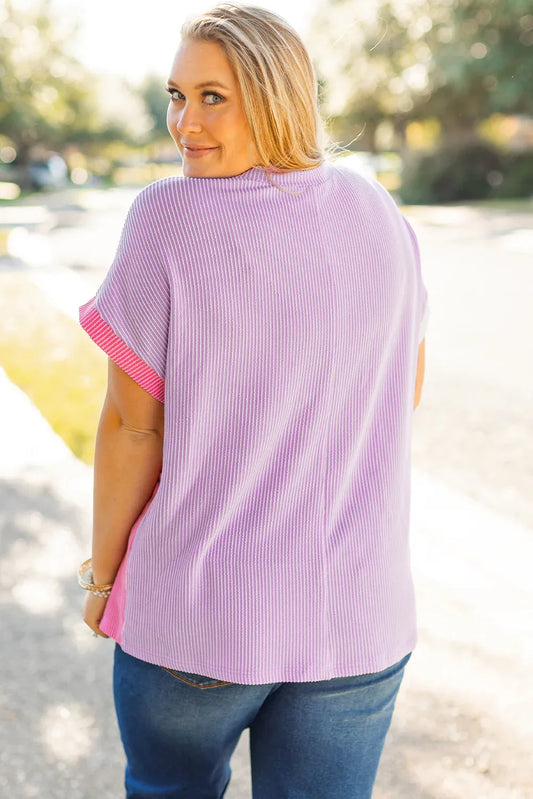 Rose Red Leopard Colorblock Patchwork Corded Knit Plus Size T Shirt - Windgat