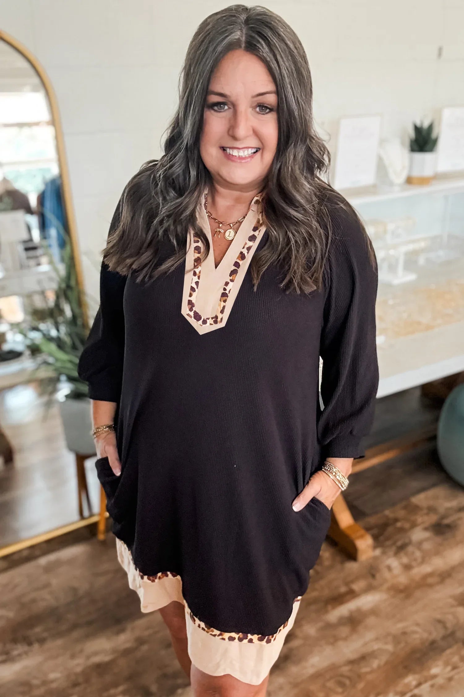 Black Contrast Color Block Leopard Trim Plus Size Ribbed Dress - Windgat