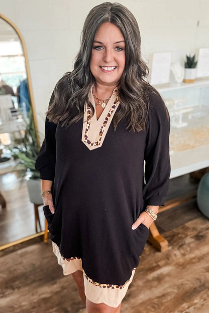 Black Contrast Color Block Leopard Trim Plus Size Ribbed Dress - Windgat