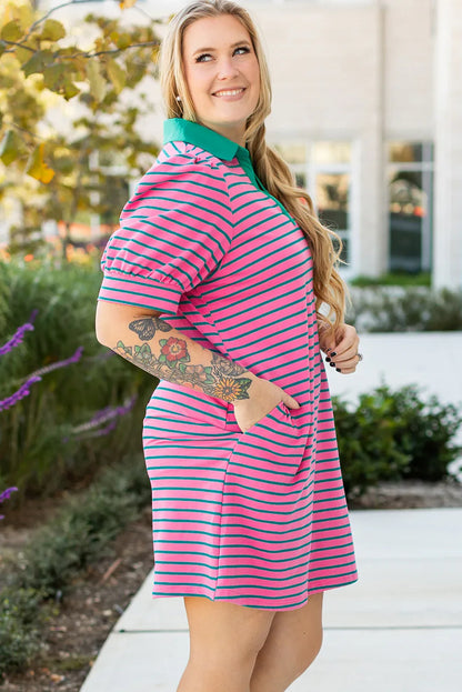 Rose Stripe Collared V Neck Puff Sleeve Shift T Shirt Dress with Pockets - Windgat
