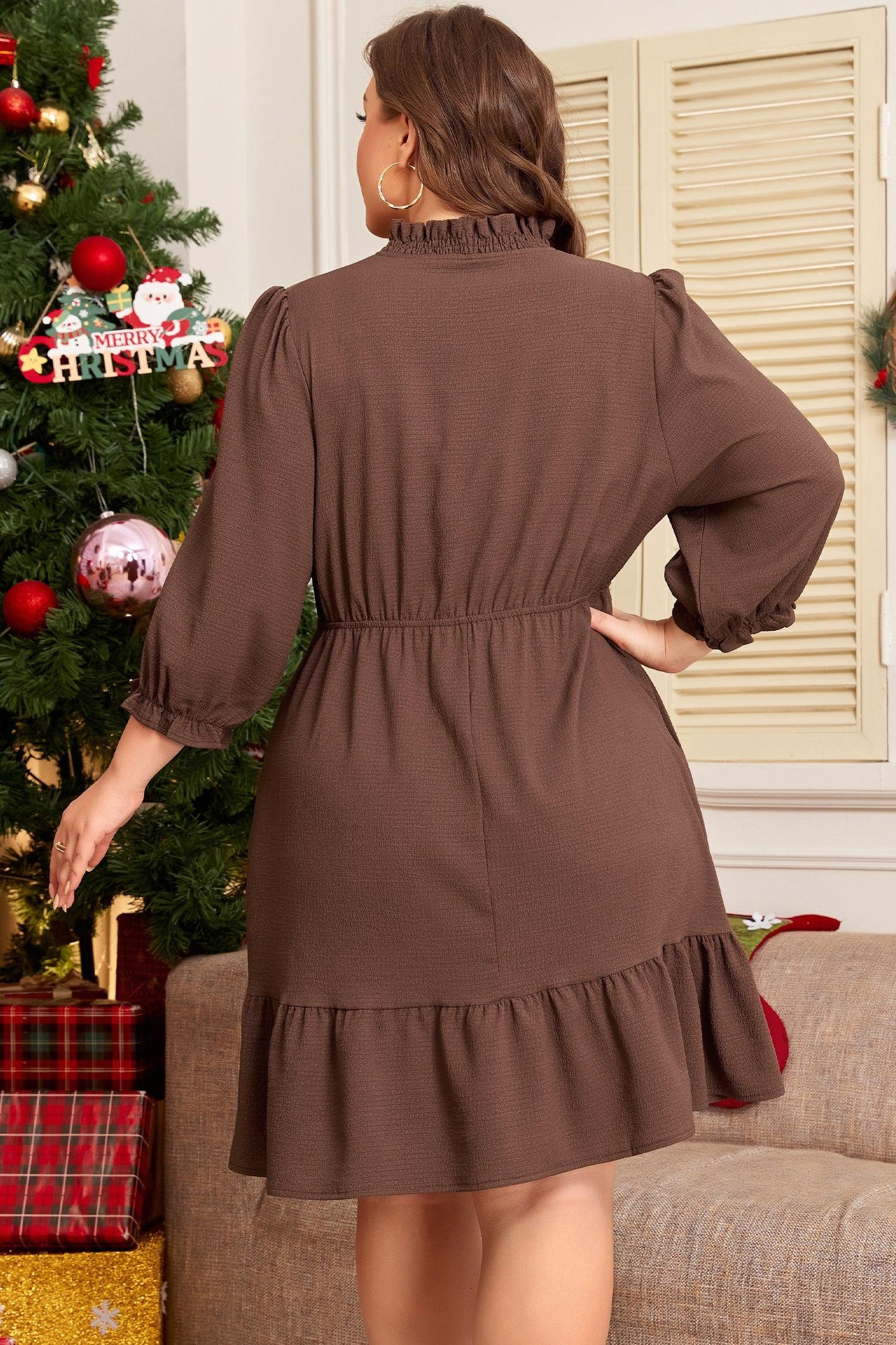 Coffee Plus Size Frilled Trim V Neck Puff Sleeve Textured Mini Dress - Windgat