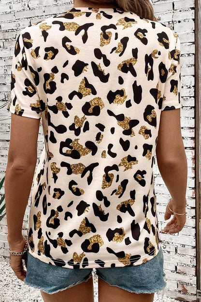 Apricot Leopard Print Round Neck Casual T Shirt - Windgat