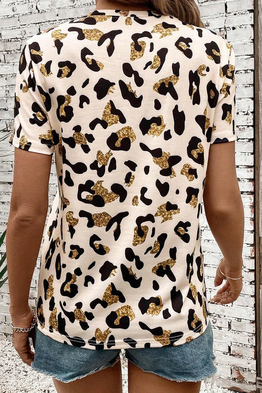 Apricot Leopard Print Round Neck Casual T Shirt - Windgat