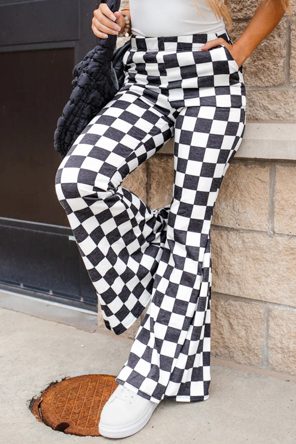 Black Checkerboard High Rise Casual Flared Pants - Windgat