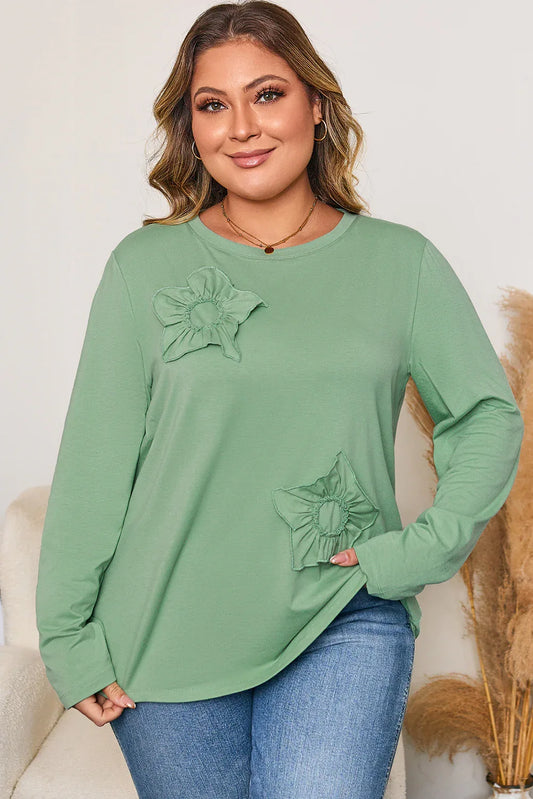 Grass Green Flower Applique Mineral Wash Plus Size Top - Windgat