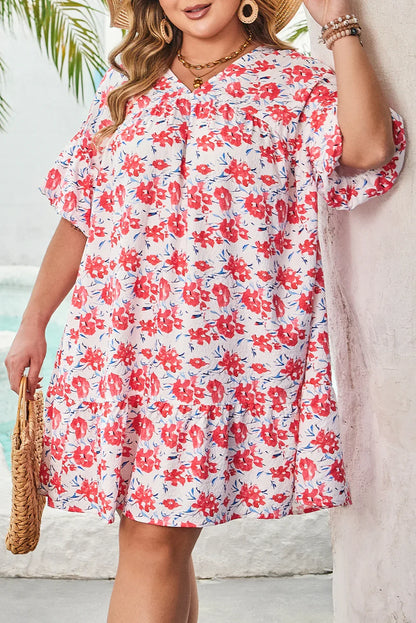 Red Floral Ruffled Half Sleeve V Neck Plus Size Dress - Windgat