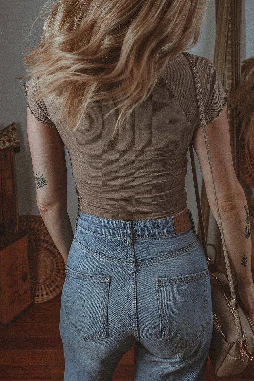 Dark Brown Lace Splicing Criss Cross Slim Fit V Neck T Shirt - Windgat