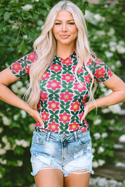 Fiery Red Retro Floral Print Crew Neck T Shirt - Windgat