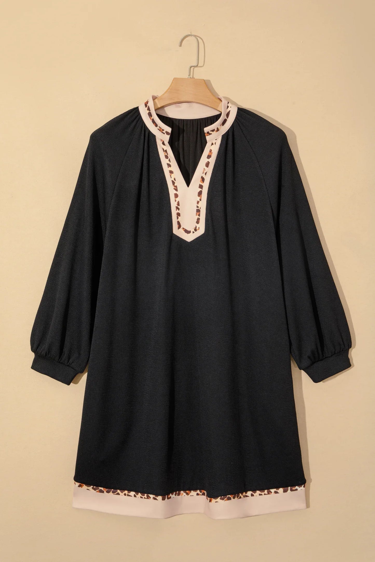 Black Contrast Color Block Leopard Trim Plus Size Ribbed Dress - Windgat