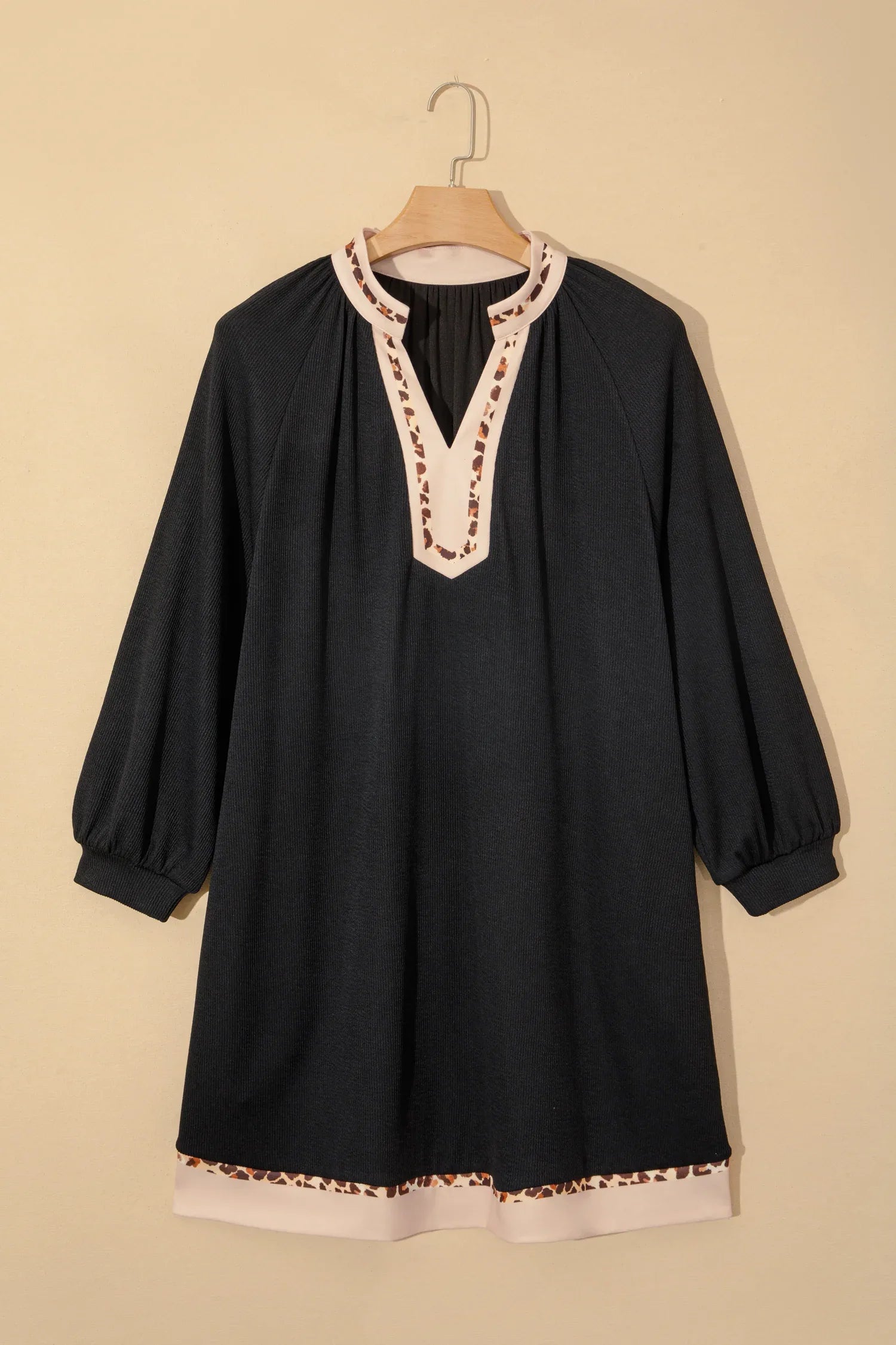 Black Contrast Color Block Leopard Trim Plus Size Ribbed Dress - Windgat