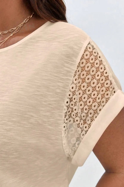 Parchment Lace Patchwork Short Sleeve Round Neck Plus Size Summer Top - Windgat