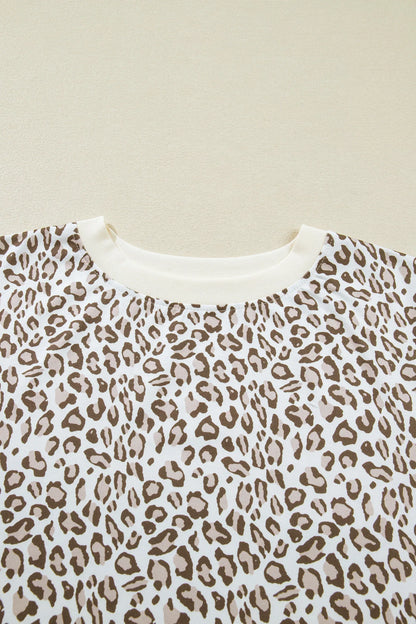 White Plus Size Leopard Print Round Neck T Shirt - Windgat