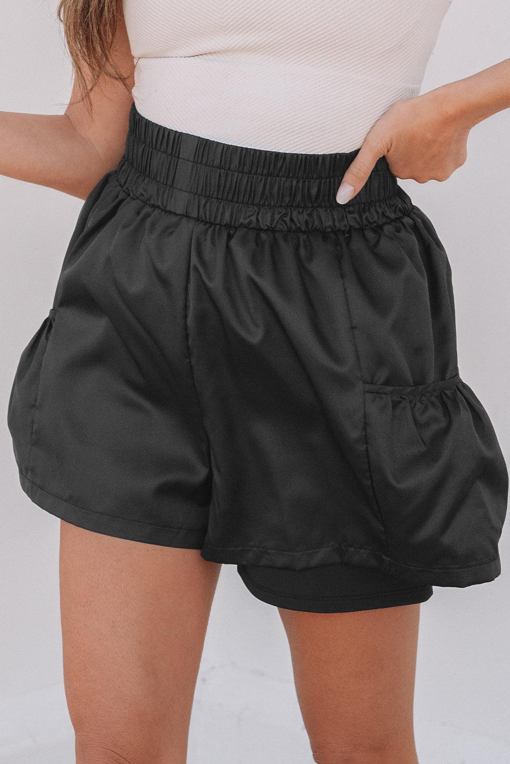 Black Elastic High Waist Pocketed Casual Shorts - Windgat