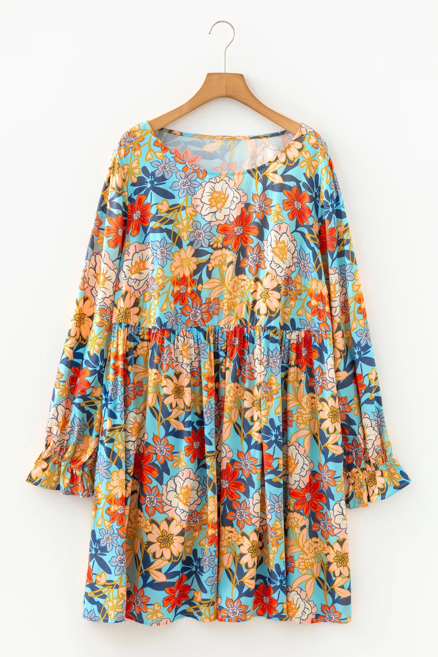 Blue Plus Size Floral Ruffled Long Sleeve Flowy Mini Dress - Windgat
